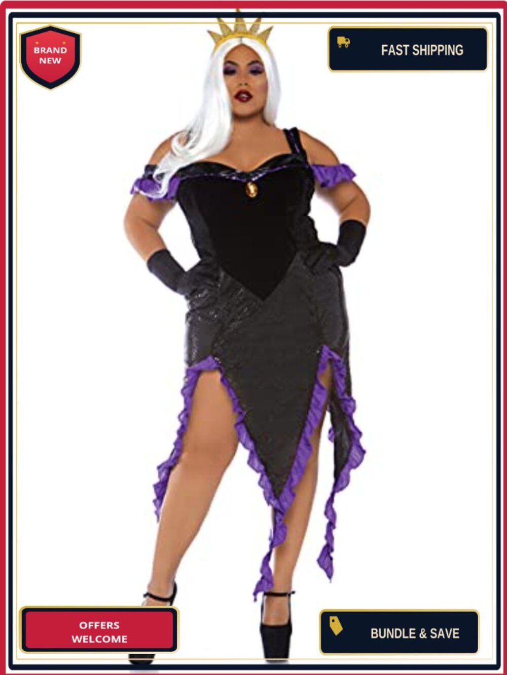 Velvet Mermaid Villain Halloween Costume Set Dress and Crown
